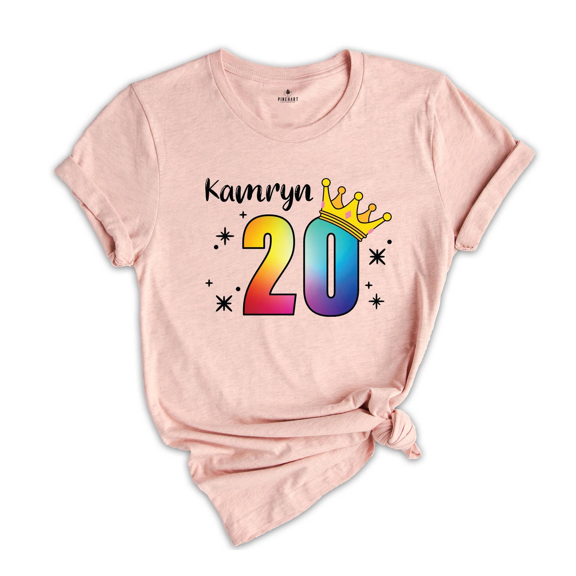 Personalized Names 20 Birthday Shirt, Crown 20th Birthday Shirt, Rainbow Birthday Shirt, Birthday Party Shirt, Toddler Birthday Shirt