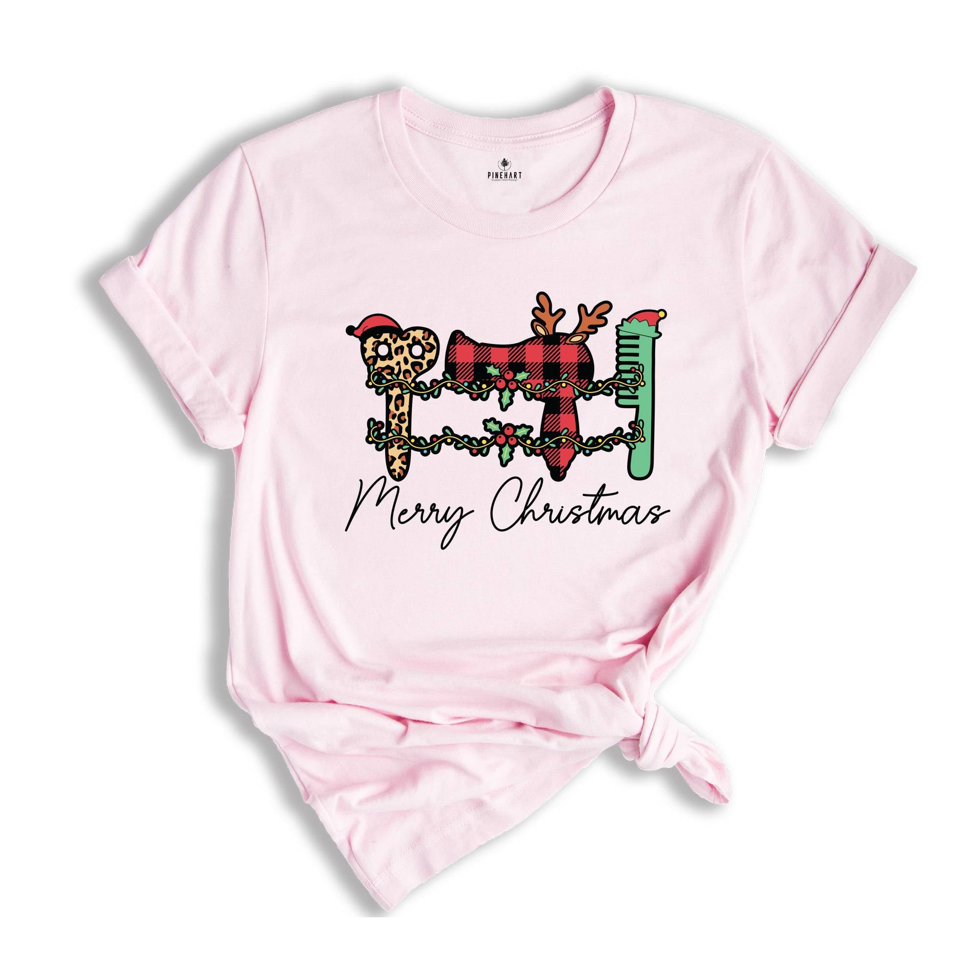 Merry Christmas Hairstylist T-Shirt, Hairdresser Xmas Tee, Hair Tools Christmas Shirt, Hair Dresser Holiday Gifts