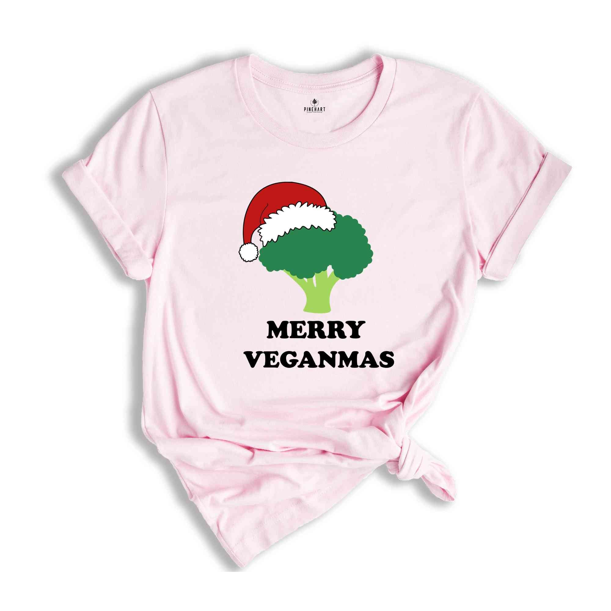 Merry Veganmas T-Shirt, Xmas Vegan Costume, Christmas Party Tee, Broccoli With Christmas Lights and Santa Hat Shirt, Christmas Gift