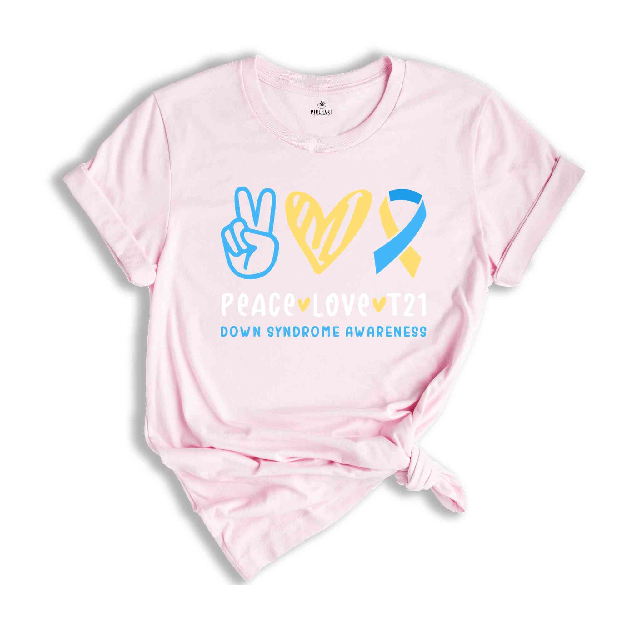 Peace Love T21 Down Syndrome Awareness Shirt, Support Shirt, Blue Yellow Ribbon, Extra Chromosome Shirt, Down Syndrome Shirt