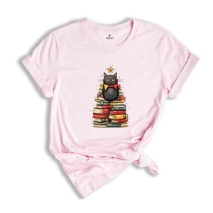 Christmas Cat Shirt, Book Tree Shirt, Cat Lover Shirt, Bookworm Shirt, Librarian Shirt, Christmas Gift, Christmas Party Shirt, Christmas Tee