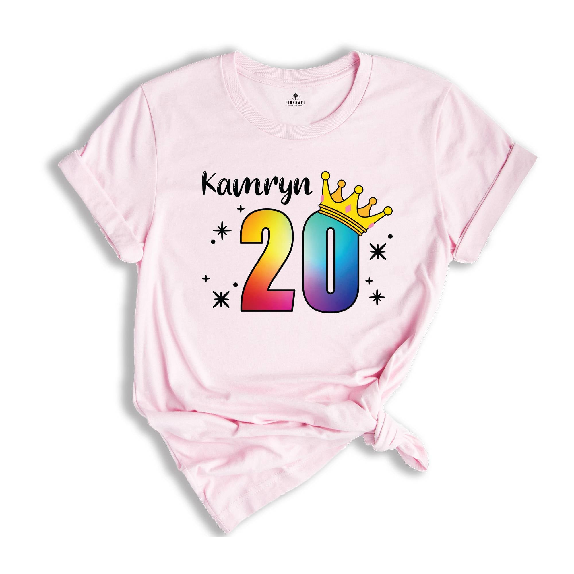 Personalized Names 20 Birthday Shirt, Crown 20th Birthday Shirt, Rainbow Birthday Shirt, Birthday Party Shirt, Toddler Birthday Shirt