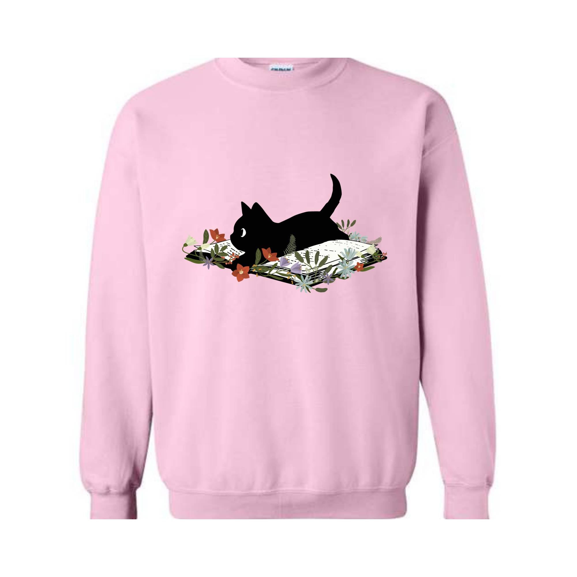 Cute Book Cat Sweatshirt, Floral Cat Bookish Sweatshirt, Gift For Cat Lovers, Cat Mom Hoodie, Bookish Cat Sweater