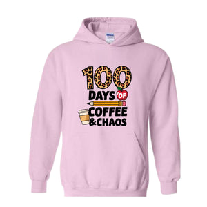 100 Days of Coffee and Chaos Hoodie, Funny Teacher Hoodie, Leopard 100th Day of School Celebration Hoodie, Teacher Life Hoodie