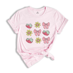 Summer Vibes Shirt, Floral Pink Bows Strawberry Shirt, Cute Summer Shirt, Summer Trendy Tee, Cottegecore Shirt