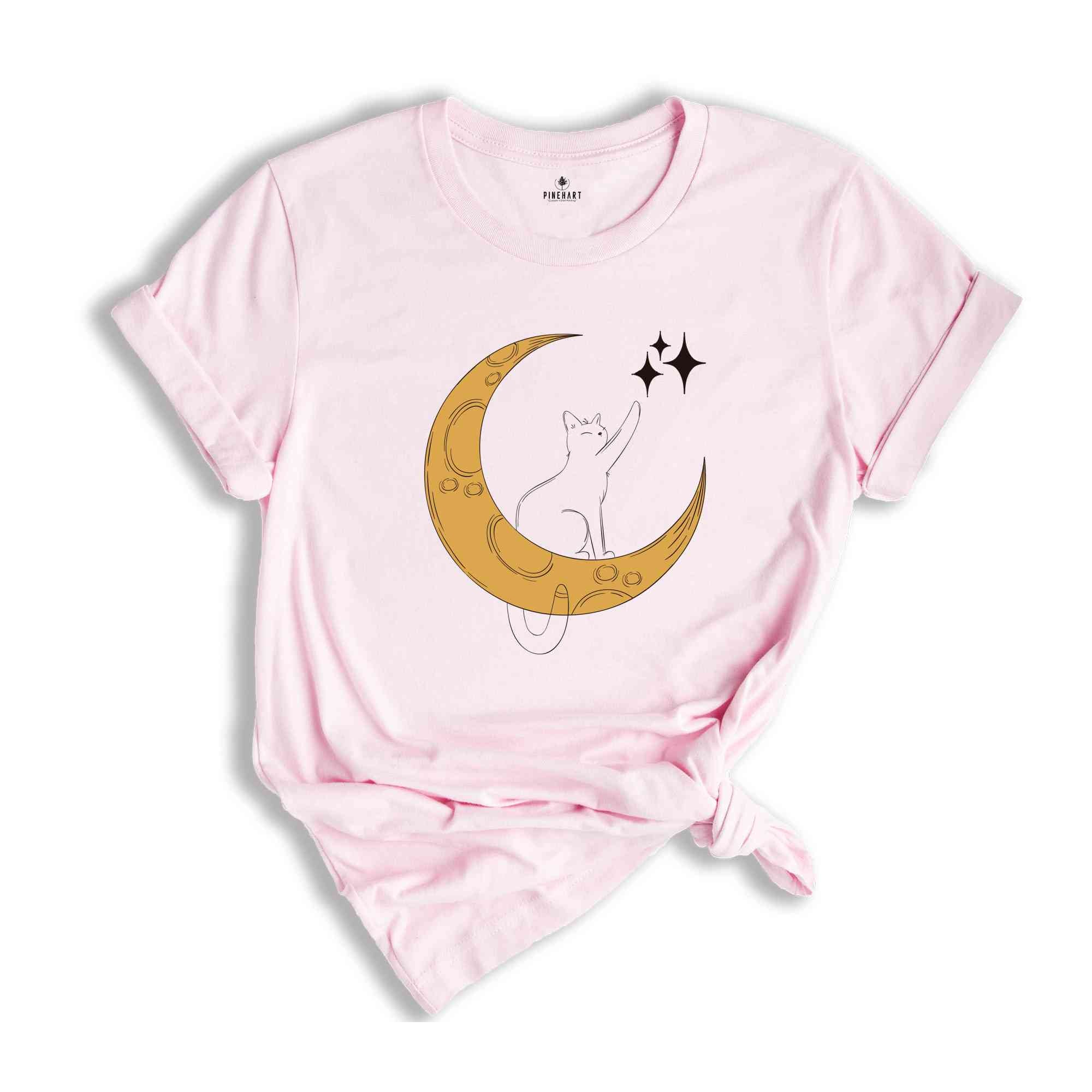 Cat With Moon, Cat With Stars, Cat T-shirt, Night Shirt, Cute Cat Shirt, Cute Shirt, Trendy Shirt, Happy Night T-shirt