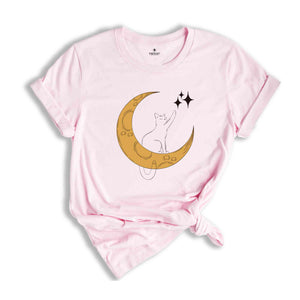 Cat With Moon, Cat With Stars, Cat T-shirt, Night Shirt, Cute Cat Shirt, Cute Shirt, Trendy Shirt, Happy Night T-shirt