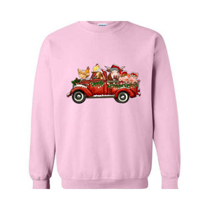 Farm Animals Christmas Truck Sweatshirt, Gifts For Farm Animal Lovers, Truck Xmas Lights Sweat, Farmer Christmas Outfit