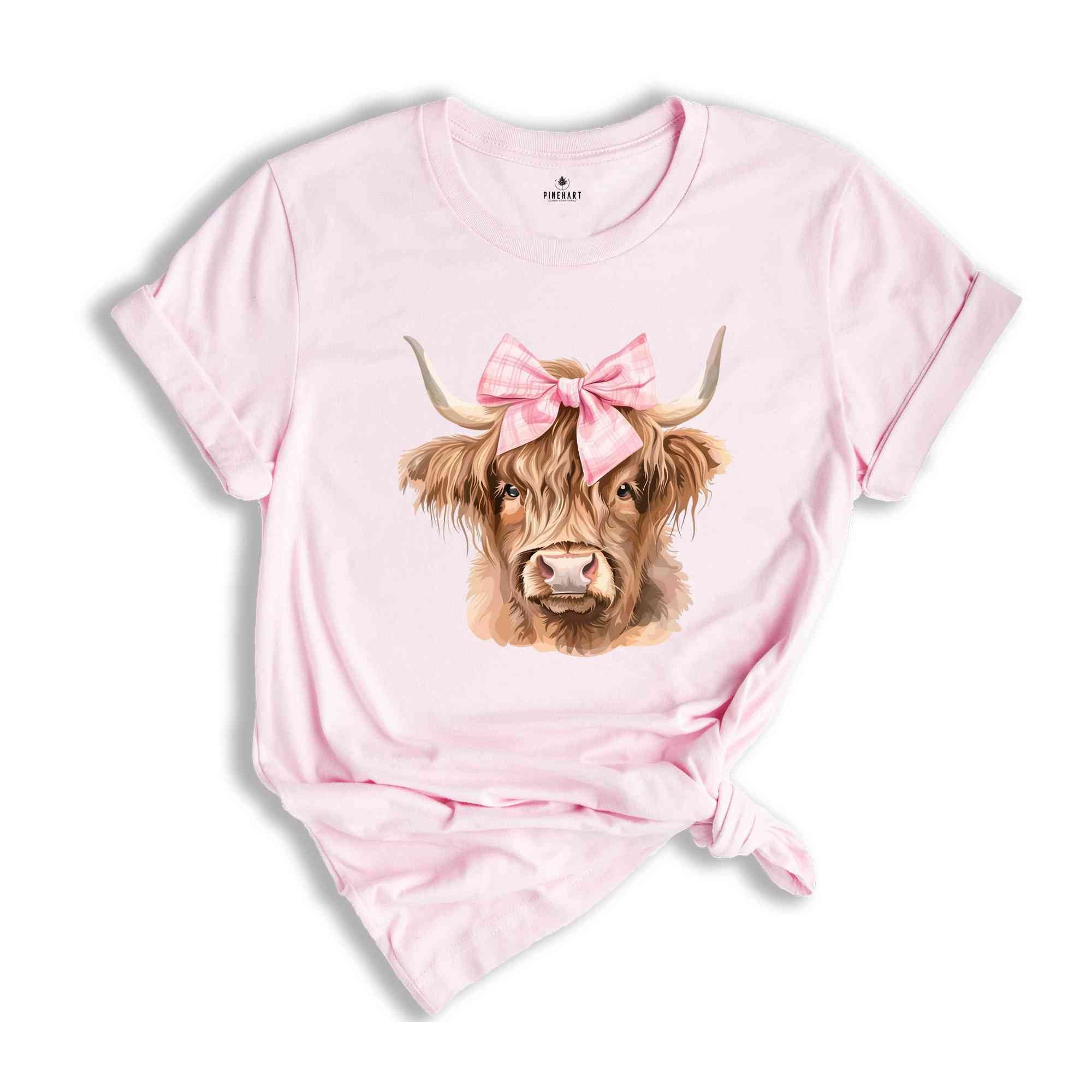 Pink Bow Cowgirl Highland Cow Heifer T-Shirt, Coquette Bow Highland Cow Shirt, Cowgirl Tee, Western Cow Shirt