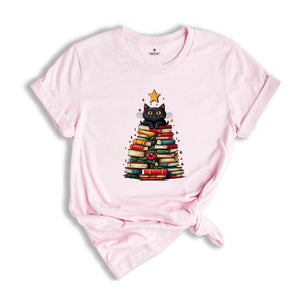 Christmas Cat Shirt, Christmas Book Tree Shirt, Cute Christmas Shirt, Xmas Gift, Christmas Tree Shirt, Christmas Party Shirt, New Year Tee,