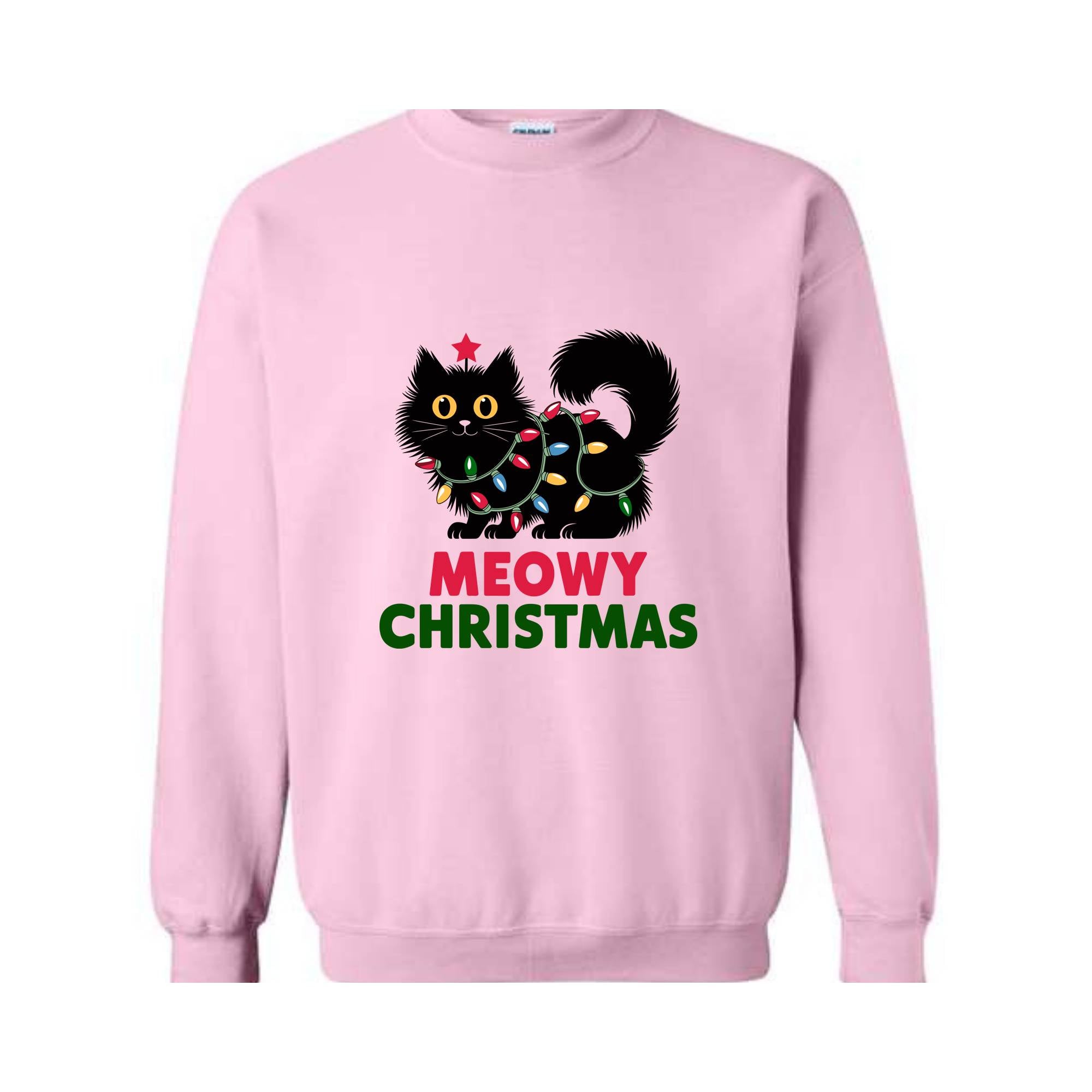 Meowy Christmas Cat Sweatshirt, Black Cat Christmas Hoodie, Cat Lover Tee, Cute Cat Hoodie, Christmas Lights Hoodie, Cat Lover Gift