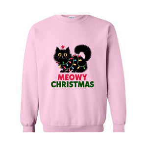 Meowy Christmas Cat Sweatshirt, Black Cat Christmas Hoodie, Cat Lover Tee, Cute Cat Hoodie, Christmas Lights Hoodie, Cat Lover Gift