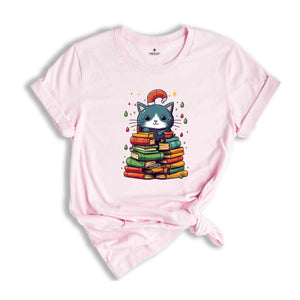 Cute Christmas Cat Shirt, Christmas Tree Shirt, Book Lover Christmas, Library Shirt, Christmas Gift, Christmas Party Shirt, Holiday Shirt