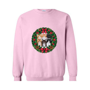 Retro Christmas Cat Wreath Sweatshirt, Vintage Holiday Sweater, Christmas Cats Sweatshirt, Cat Mom Christmas Sweater