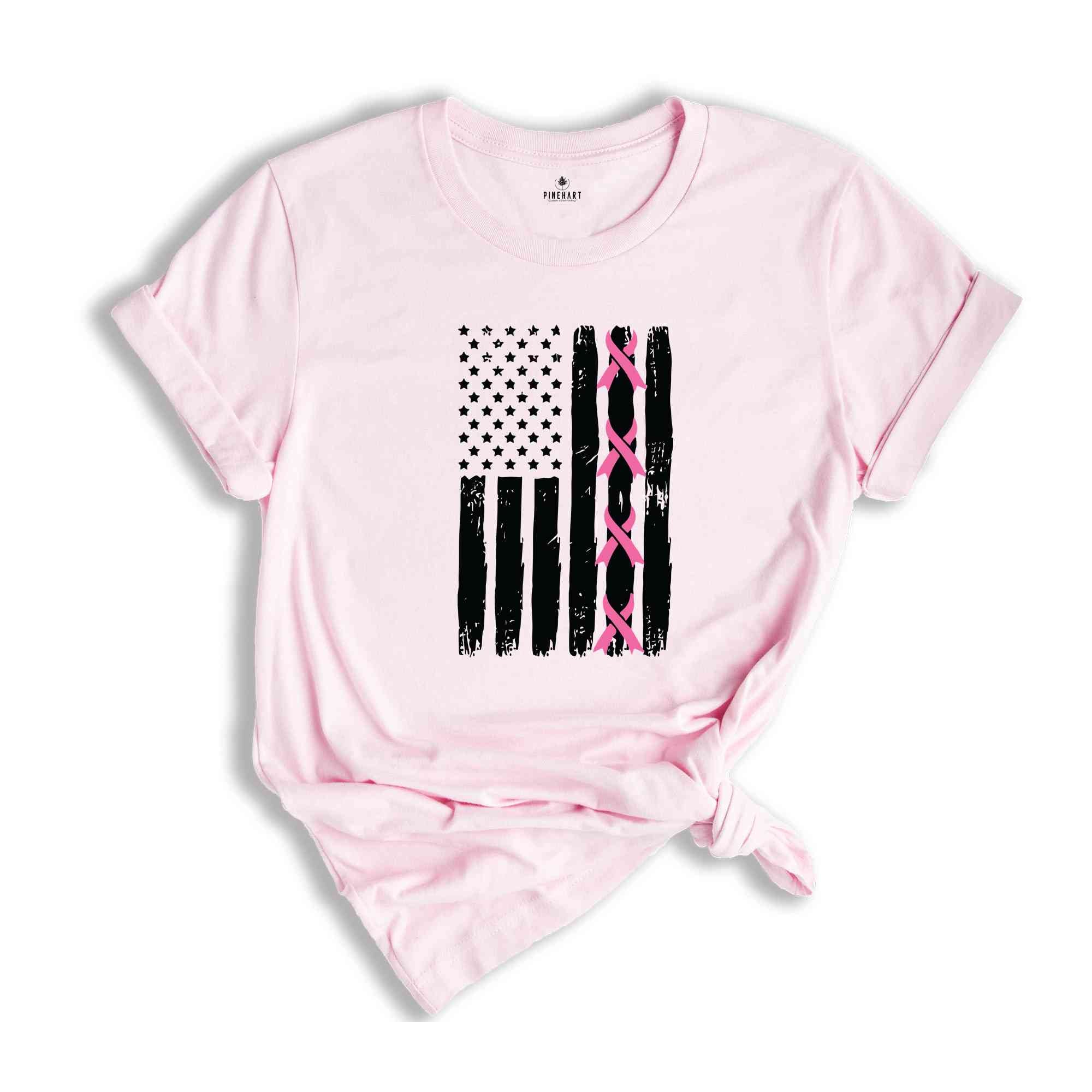 Breast Cancer T-Shirt, US Flag Shirt, Cancer Awareness T-Shirt, Breast Cancer Warrior Gifts, Cancer Survivor Shirts