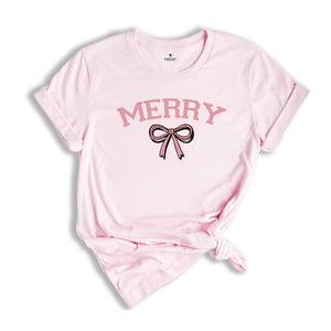 Merry Shirt, Merry Bow Shirt, Holiday Shirt, Gift for Mom, Preppy Christmas Shirt, Trendy Holiday Shirt, Christmas Tree Shirt