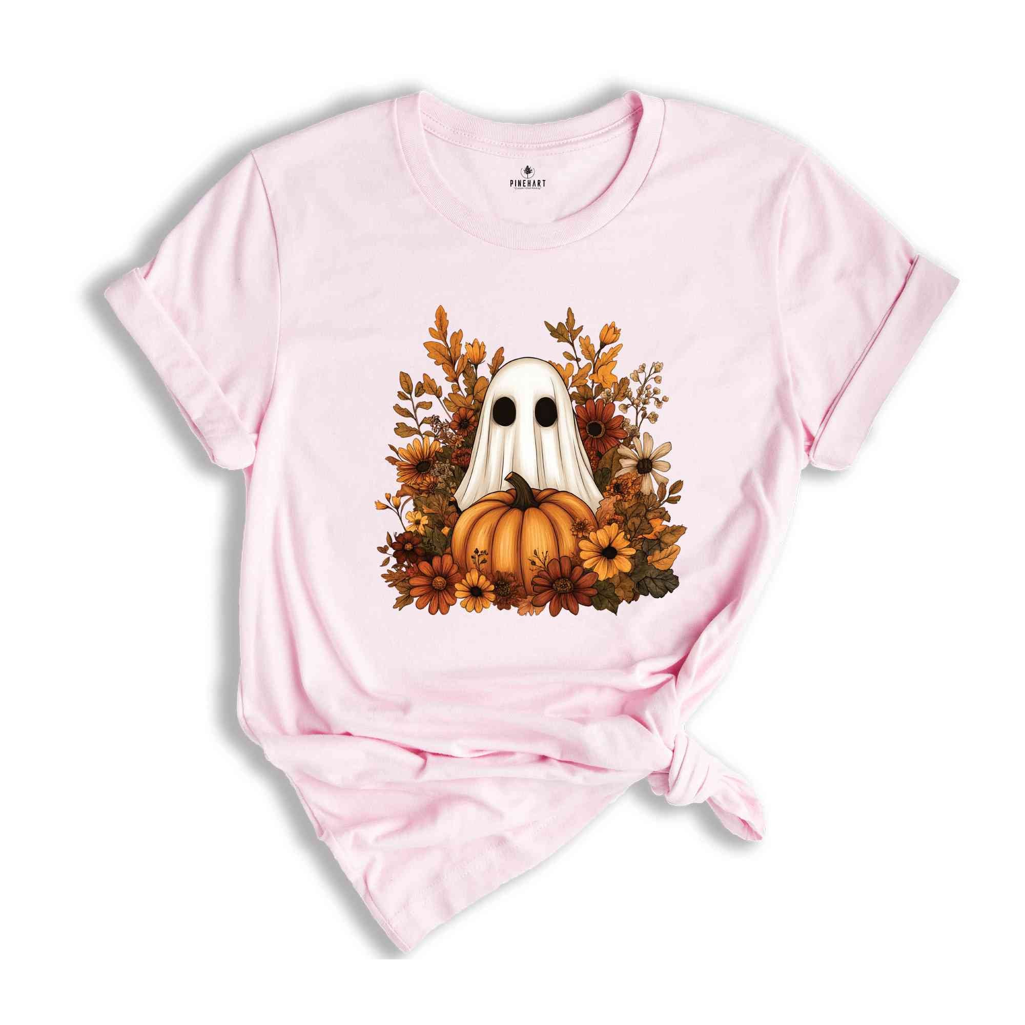 Ghost With Flowers And Pumpkin Shirt, Halloween Shirt, Floral Spooky Shirt, Ghost Shirt, Fall Flowers Shirt, Spooky Ghost Shirt, Spooky Tee