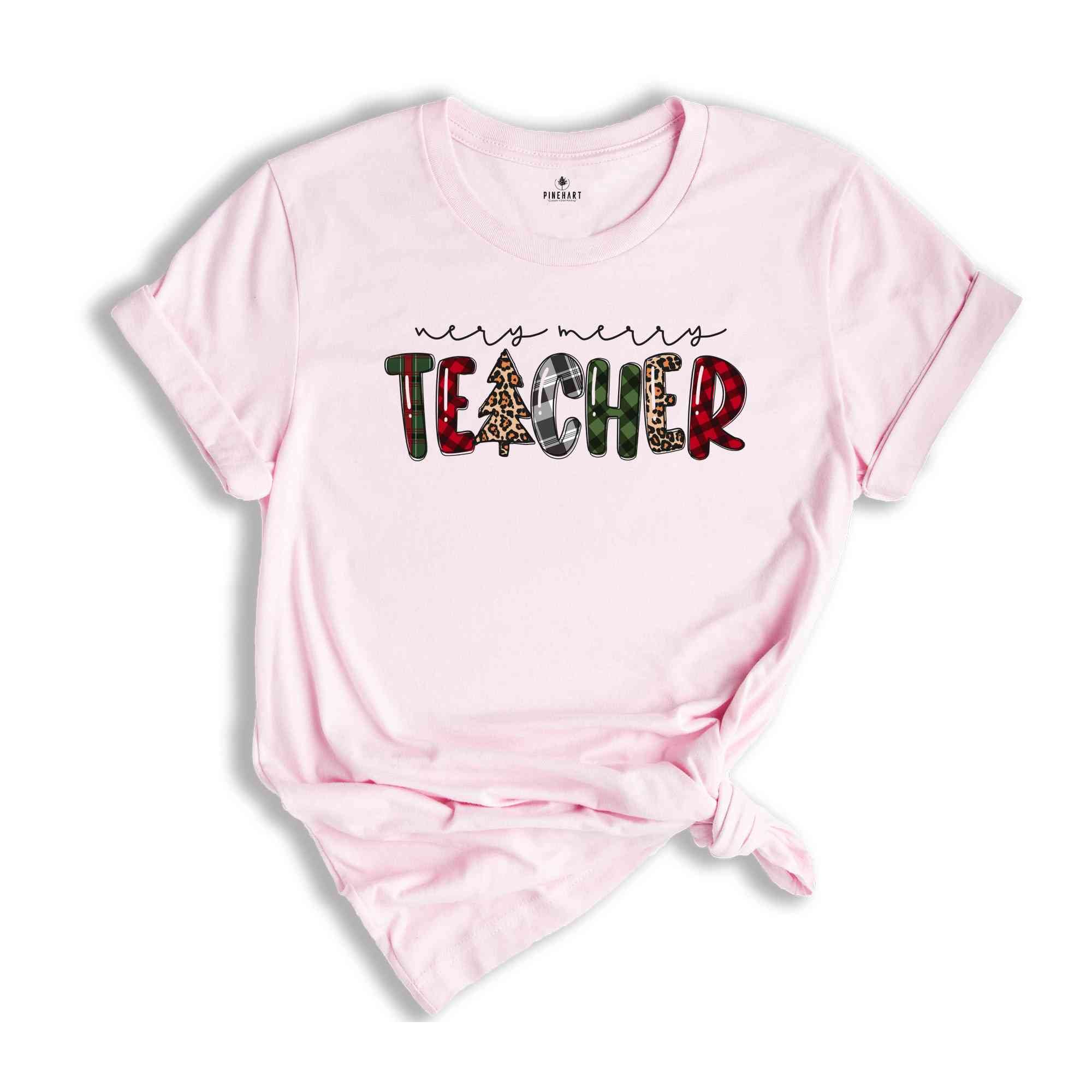 Very Merry Teacher Shirt, Teacher Christmas Shirt, Leopard & Buffalo Plaid Shirt, Christmas Tree Shirt, Christmas Gift For Teacher