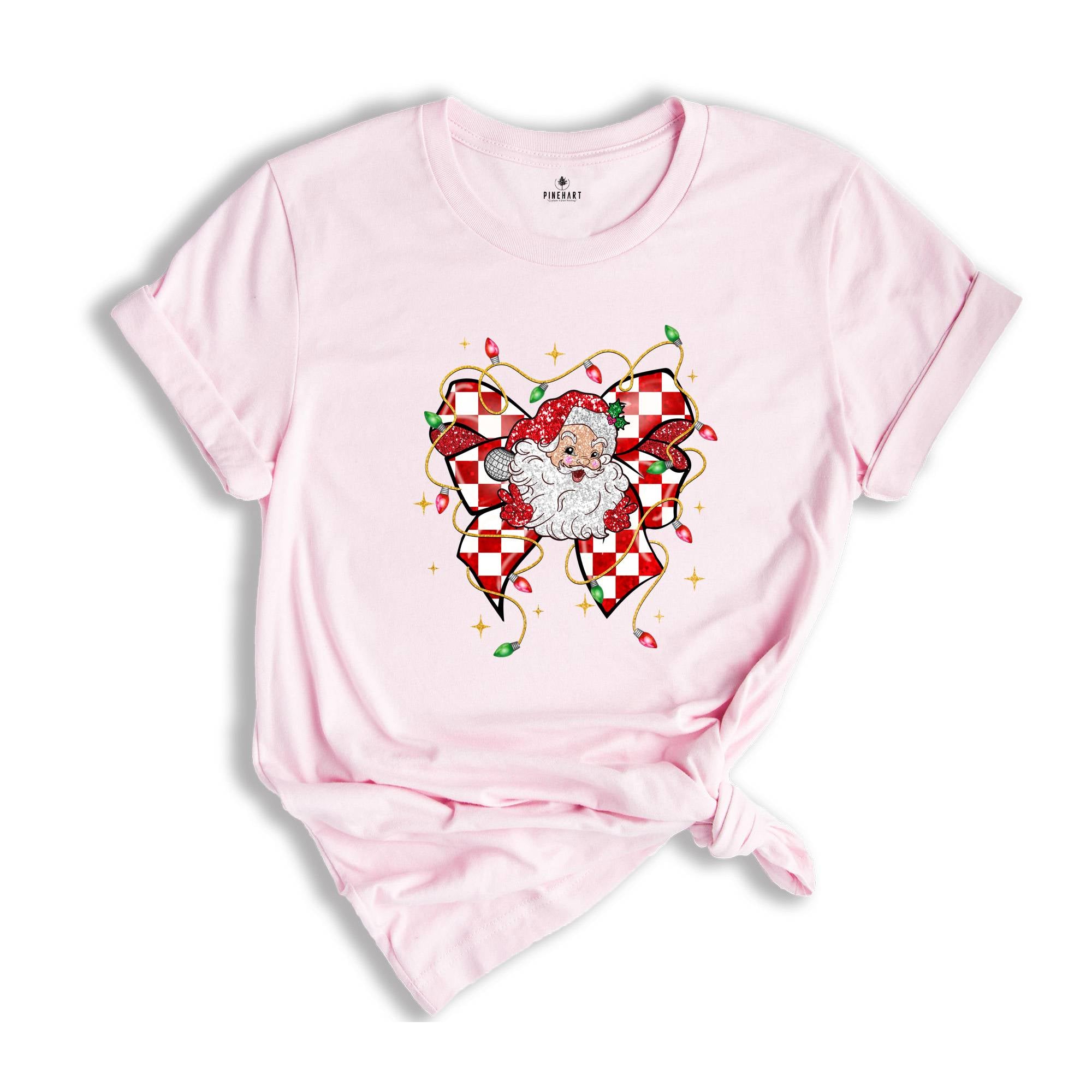 Christmas Coquette Bow Santa Shirt, Santa Christmas Shirt, Santa Claus Shirt, Christmas Lights Shirt, Cute Christmas Gift, Xmas Shirt