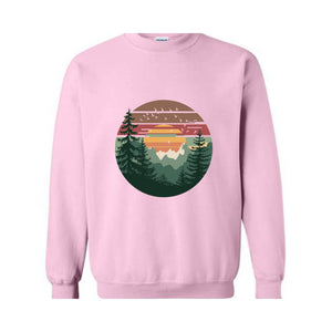 Pine Trees Sunset Sweatshirt, Adventure Hoodie, Nature Lover Gift, Camping Hoodie, Forest Hoodie, Retro Forest Hoodie, Nature Hoodie