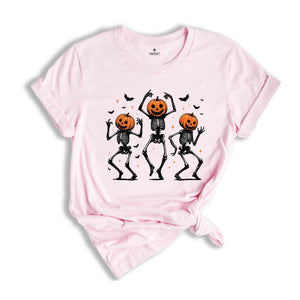 Dancing Skeleton Pumpkin Shirt, Retro Halloween Women's Shirt, Funny Fall Halloween Party Shirt, Spooky Season Skeleton Tee