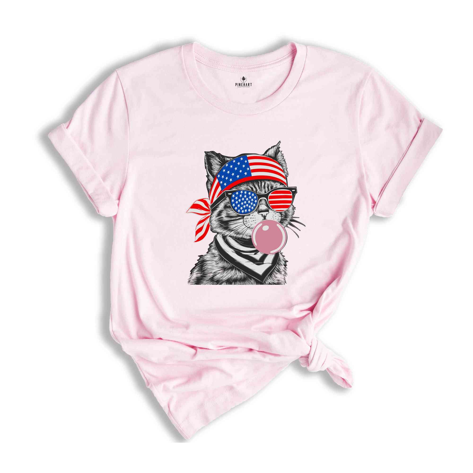 4th of July cat Shirt, Patriotic cat Shirt, Bubble Gum Cat Shirt, 4th of July Gift, Cat blowing Bubble Gum Shirt, Bubblegum Cat Tee