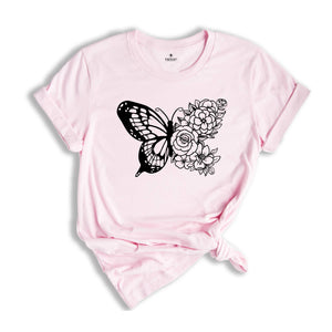 Floral Butterfly Shirt, Gardener Shirt, Gift For Ladies, Gift For Mom, Flower Lover Shirt, Beautiful Butterfly Shirt, Feminine Shirt