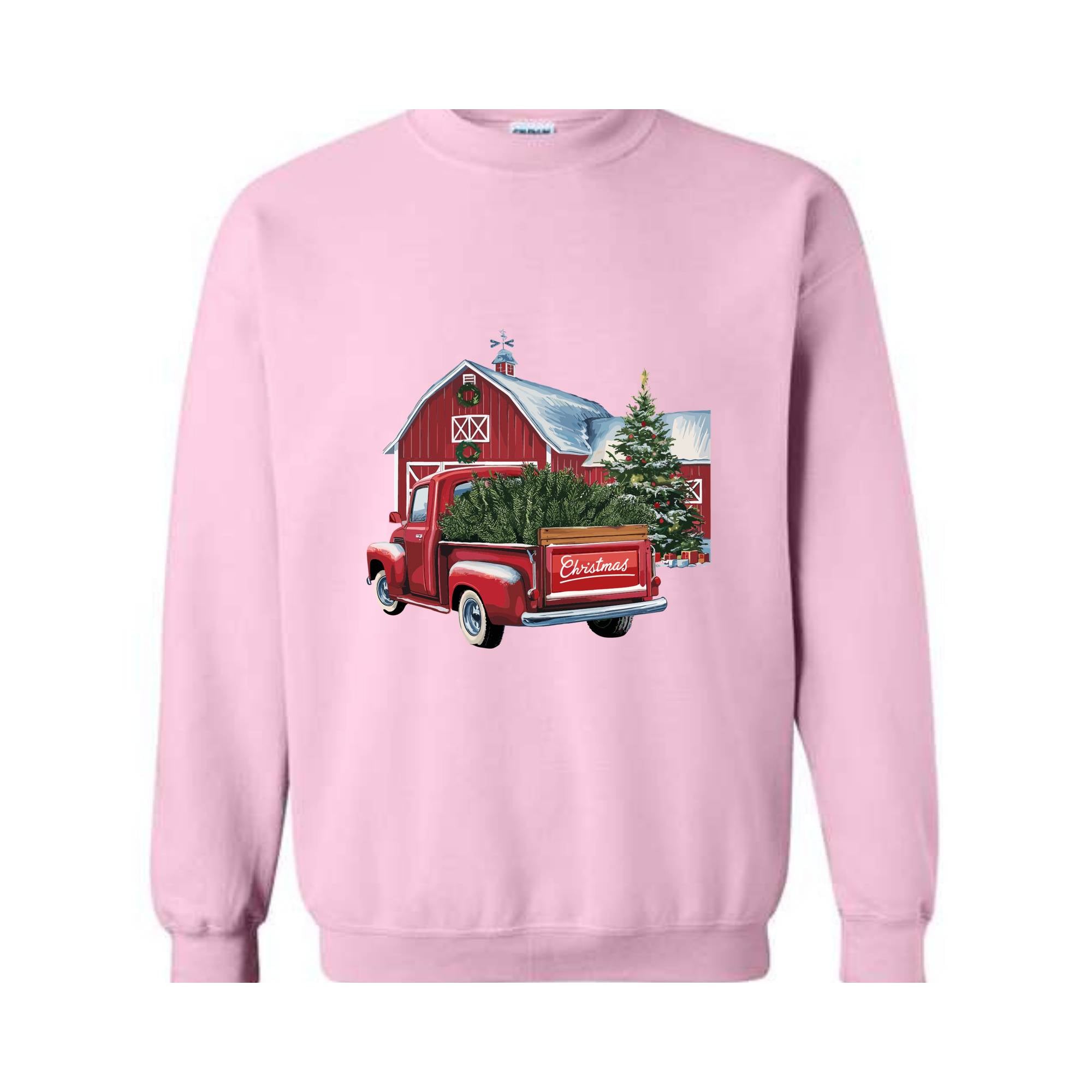 Christmas Sweatshirt, Old Red Barn, Old Red Truck Christmas Tree, Vintage Truck Sweatshirt