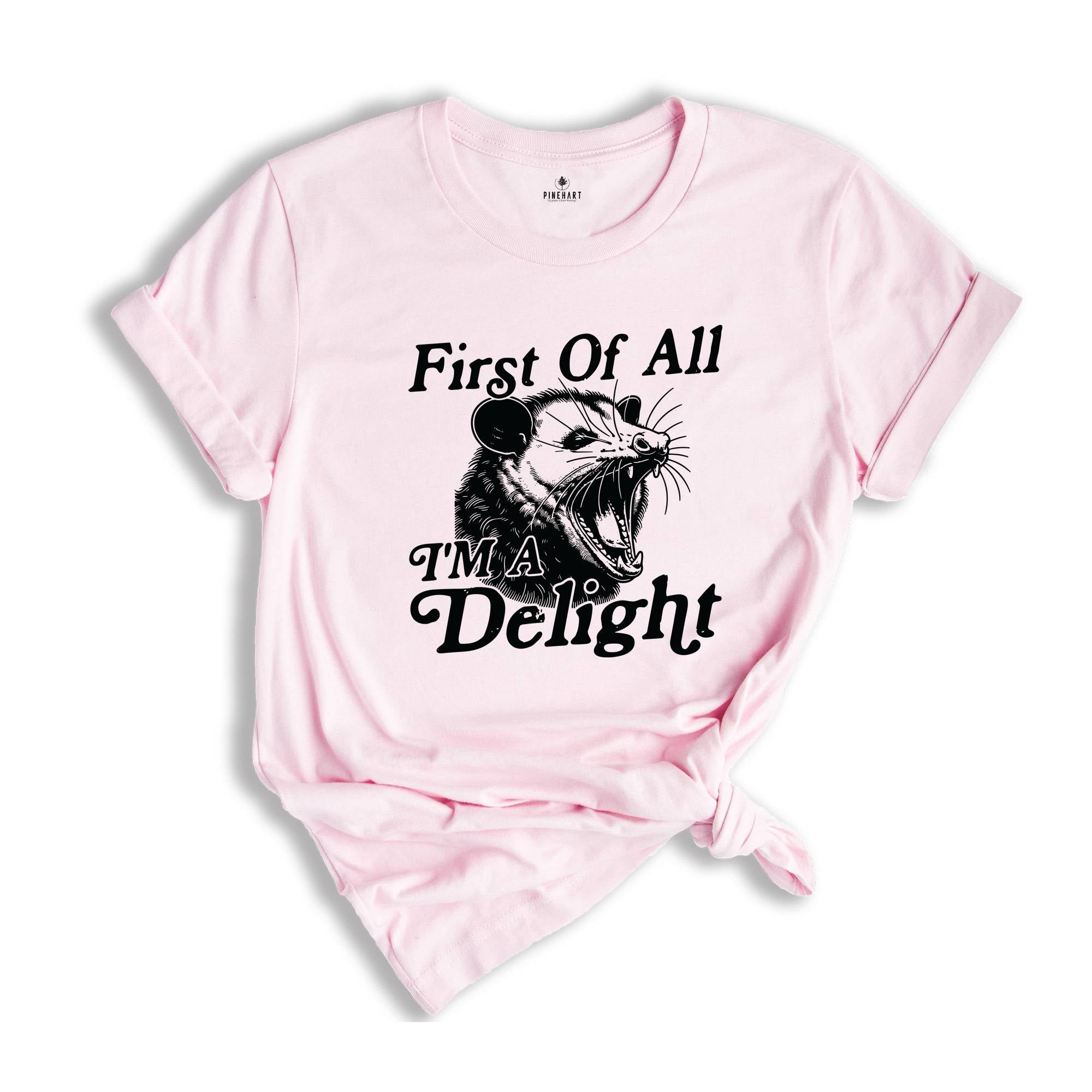 First Of All I'm A Delight Shirt, Sarcastic Shirt, Opossum Shirt, Angry Opossum Shirt, Self Love Shirt, Opossum Lover Shirt, Self Love Shirt