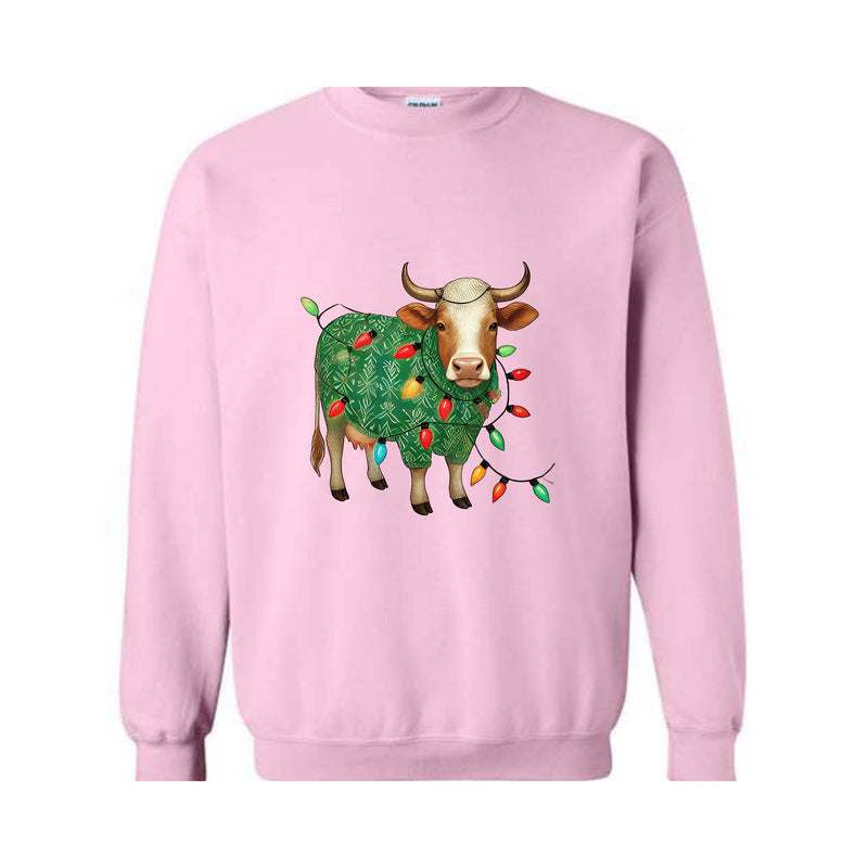 Cute Christmas Sweatshirt, Funny Christmas Cow Sweat, Christmas Lights Sweater, Cow Lover Xmas Gifts, Farm Christmas Sweatshirt