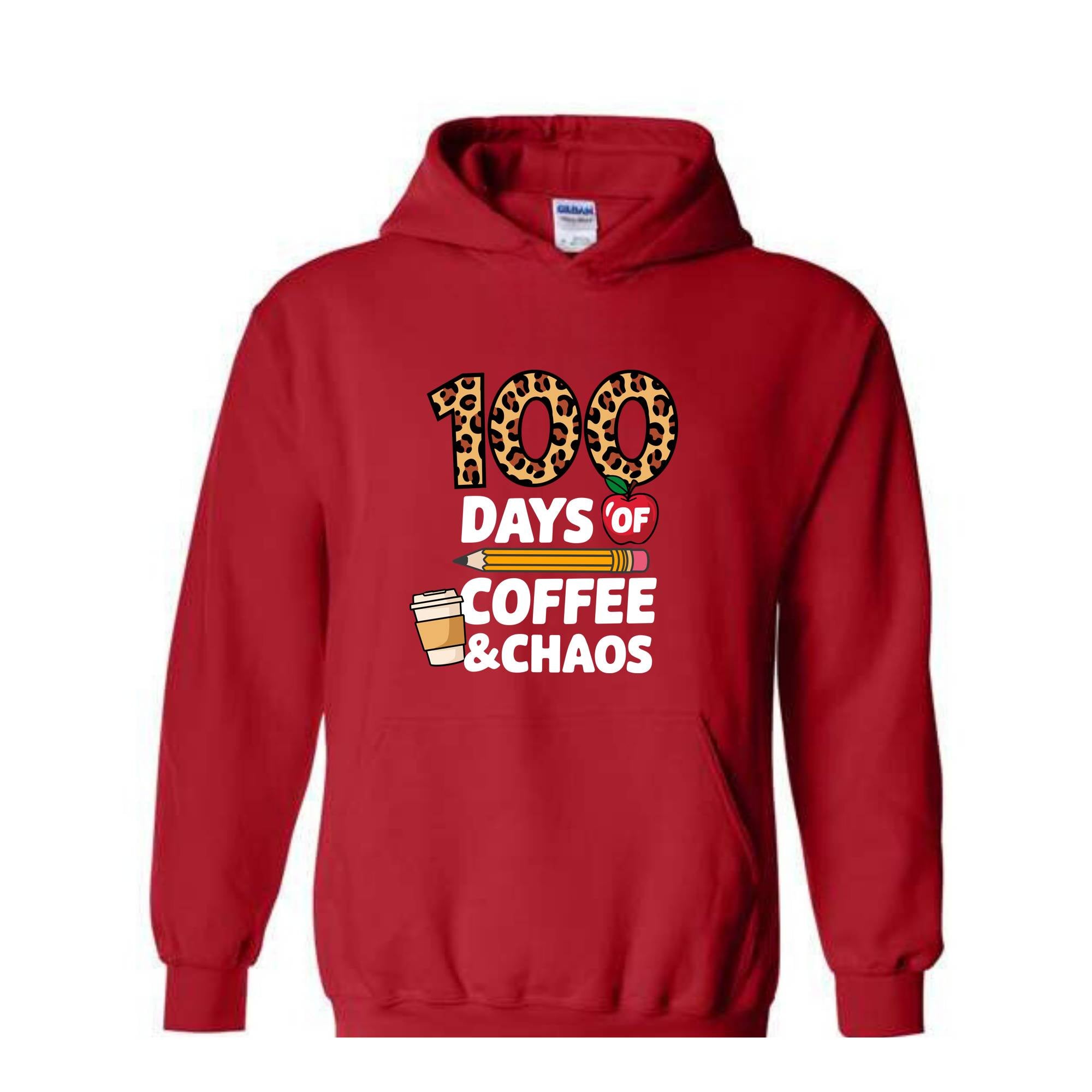 100 Days of Coffee and Chaos Hoodie, Funny Teacher Hoodie, Leopard 100th Day of School Celebration Hoodie, Teacher Life Hoodie