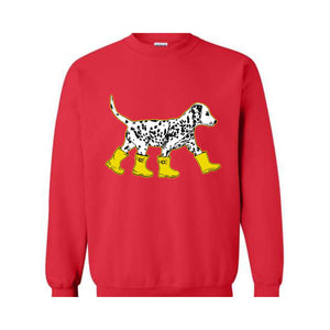 Dog in Boots Sweatshirt, Cute Dalmation Dog Hoodie, Dog Lover Hoodie, Winter Dog Sweater, Dalmation Dog Hoodie, Dog Lover Hoodie