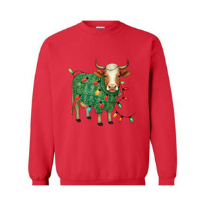 Cute Christmas Sweatshirt, Funny Christmas Cow Sweat, Christmas Lights Sweater, Cow Lover Xmas Gifts, Farm Christmas Sweatshirt