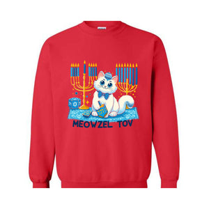 Meowzel Tov Sweatshirt, Festive Cat Mazel Tov Holiday Hanukkah Sweatshirt, Ugly Holiday Sweater, Holiday Cat Sweatshirt