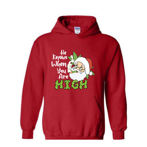 He Knows When You Are High Hoodie, Christmas Hoodie, Santa Claus Hoodie, Merry Weedmas Hoodie, Christmas Gifts