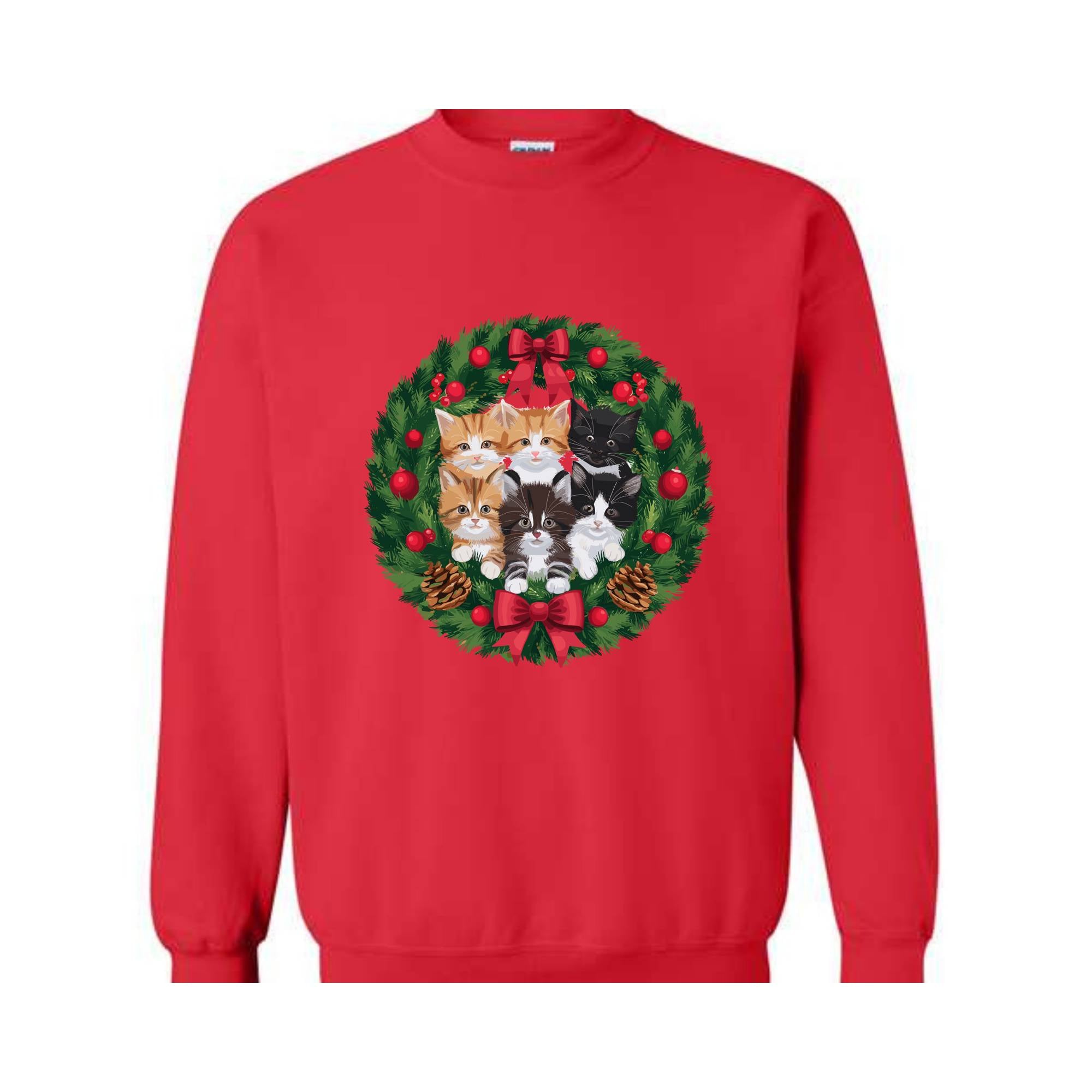 Retro Christmas Cat Wreath Sweatshirt, Vintage Holiday Sweater, Christmas Cats Sweatshirt, Cat Mom Christmas Sweater