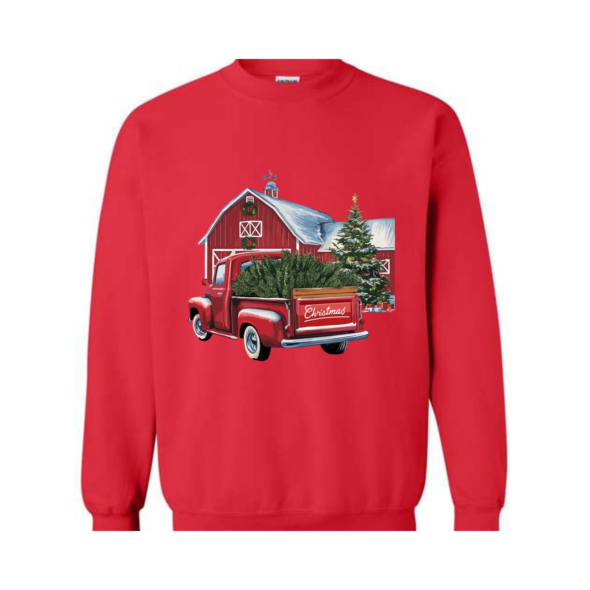 Christmas Sweatshirt, Old Red Barn, Old Red Truck Christmas Tree, Vintage Truck Sweatshirt