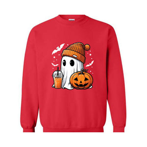 Cute Ghost Halloween Sweatshirt, Ghost Coffee Sweatshirt, Coffee Lover Sweater, Pumpkin Head Crewneck, Pumpkin Spice Shirt, Boo Sweatshirt