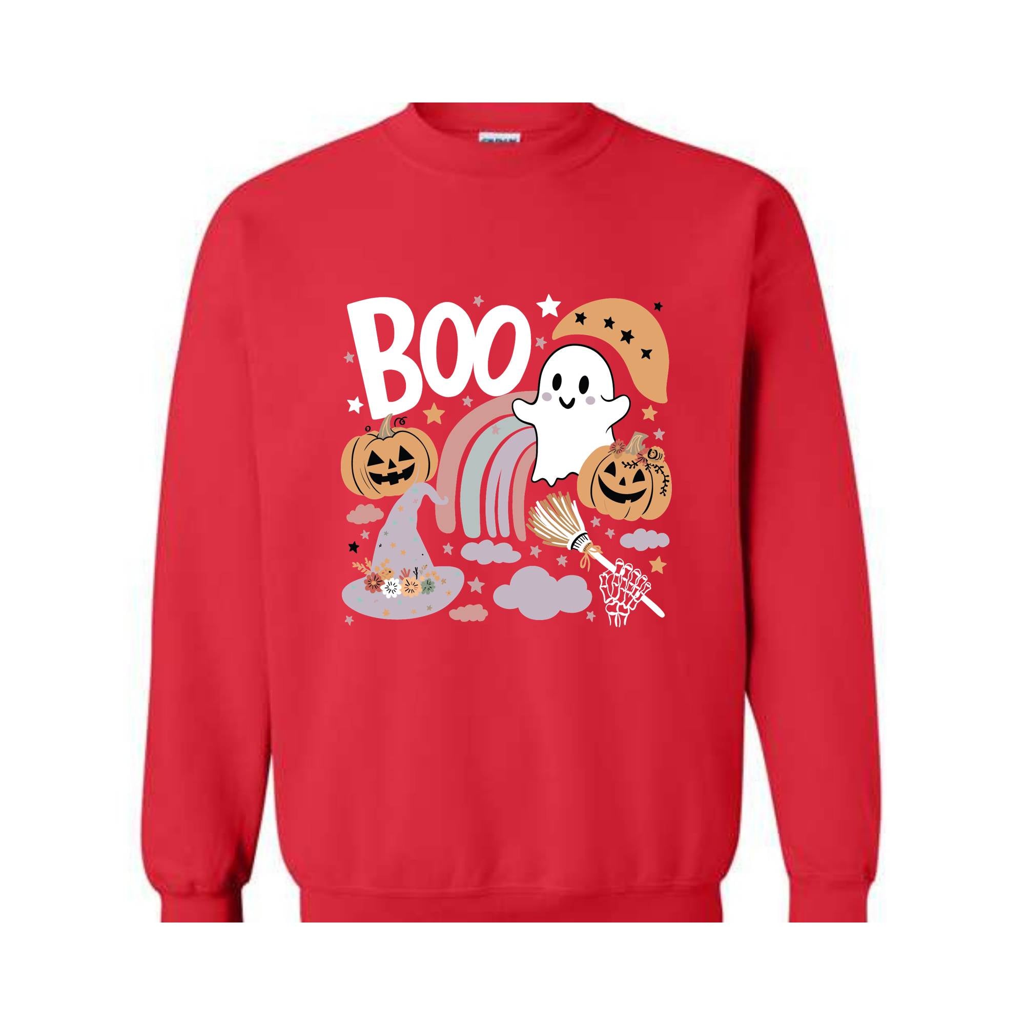 Boo Halloween , Vintage Halloween Sweatshirt, Halloween Sweater, Spooky Halloween Sweatshirt, Pumpkin And Rainbow