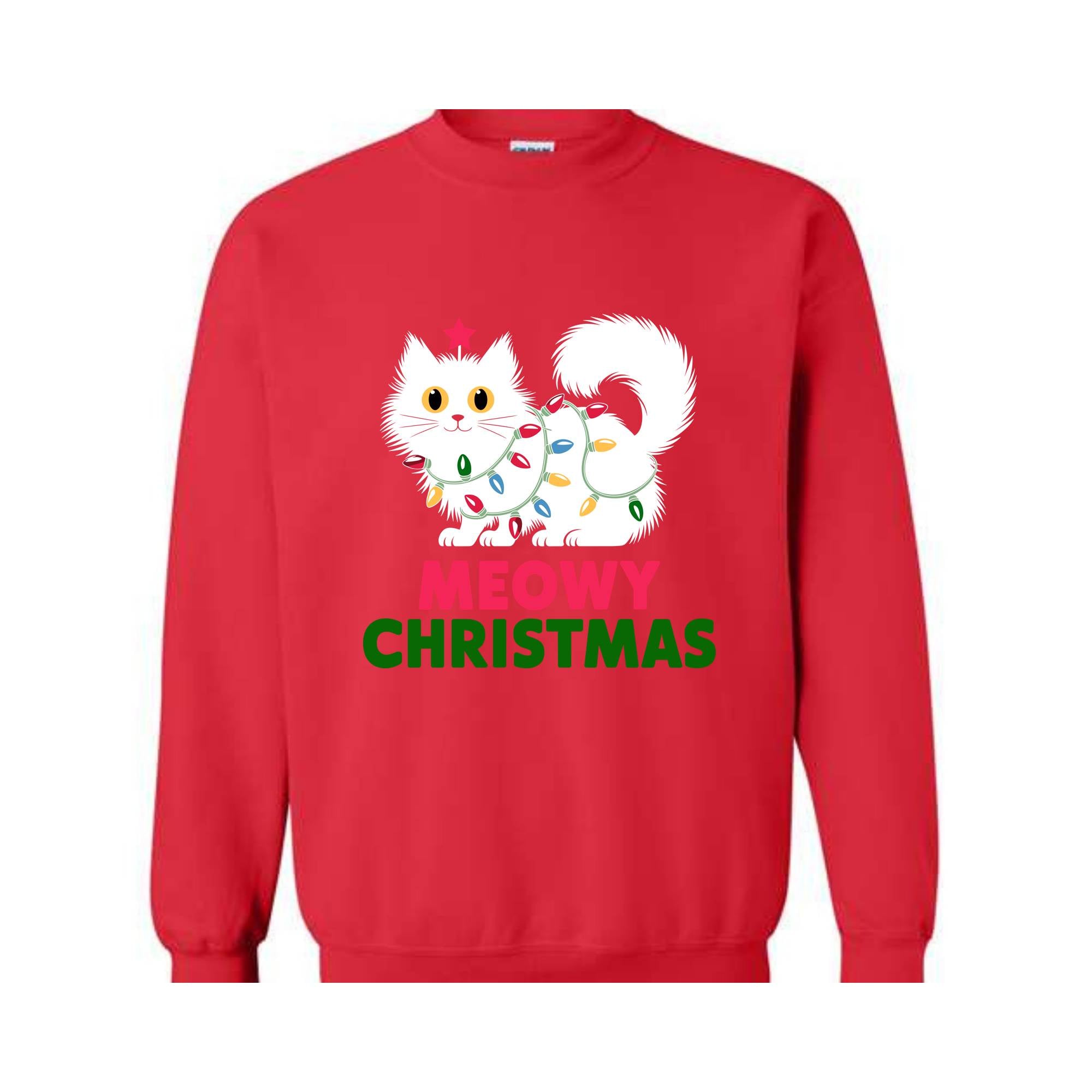 Meowy Christmas Cat Sweatshirt, Black Cat Christmas Hoodie, Cat Lover Tee, Cute Cat Hoodie, Christmas Lights Hoodie, Cat Lover Gift