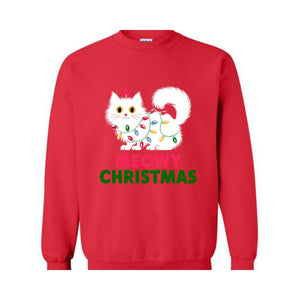 Meowy Christmas Cat Sweatshirt, Black Cat Christmas Hoodie, Cat Lover Tee, Cute Cat Hoodie, Christmas Lights Hoodie, Cat Lover Gift