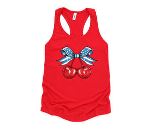 4th of July Coquette Cherry Tank, Cherry Bow Top, 4th Of July Shirt, Cherry Coquette Tee, American Flag Bow Tee, Cherry Lover Gift