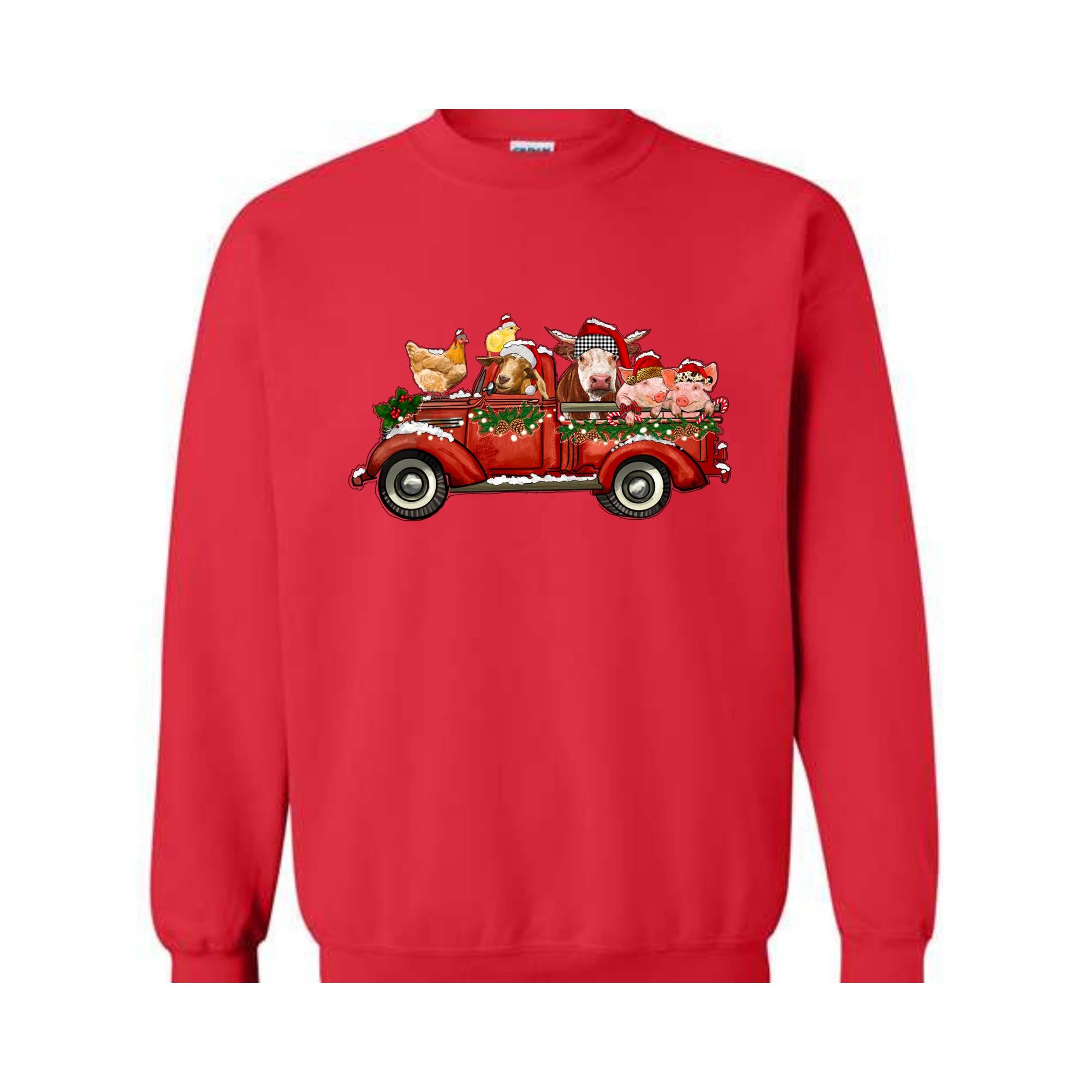 Farm Animals Christmas Truck Sweatshirt, Gifts For Farm Animal Lovers, Truck Xmas Lights Sweat, Farmer Christmas Outfit