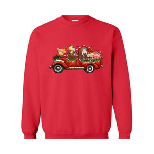 Farm Animals Christmas Truck Sweatshirt, Gifts For Farm Animal Lovers, Truck Xmas Lights Sweat, Farmer Christmas Outfit