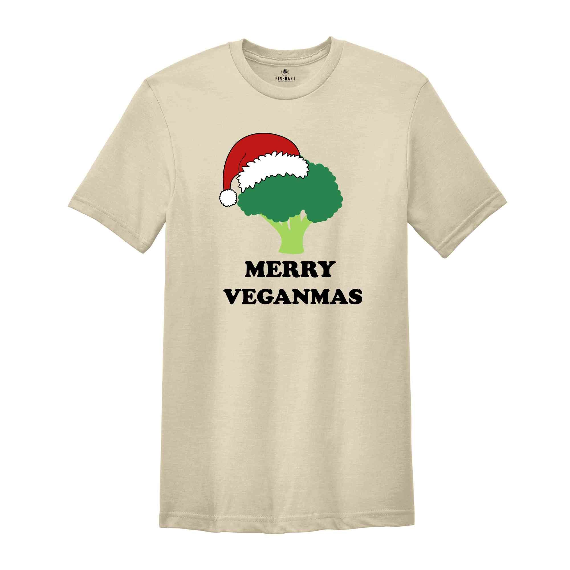 Merry Veganmas T-Shirt, Xmas Vegan Costume, Christmas Party Tee, Broccoli With Christmas Lights and Santa Hat Shirt, Christmas Gift