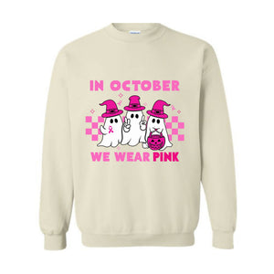 In October We Wear Pink Sweatshirt, Breast Cancer Awareness Halloween Shirt, Support Breast Cancer Support Tee