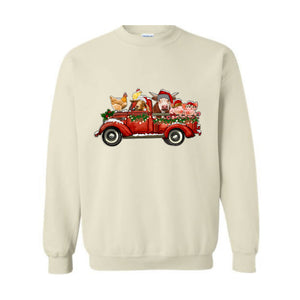 Farm Animals Christmas Truck Sweatshirt, Gifts For Farm Animal Lovers, Truck Xmas Lights Sweat, Farmer Christmas Outfit