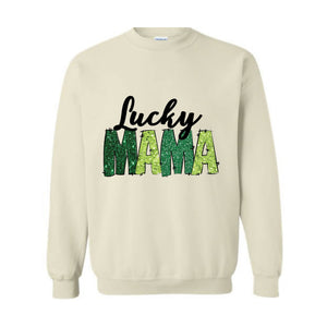 Custom Lucky Mama Sweatshirt, Custom Saint Patrick Sweatshirt, Mom Gift, Glitter St Patrick Hoodie, Personalized Clover Sweatshirt