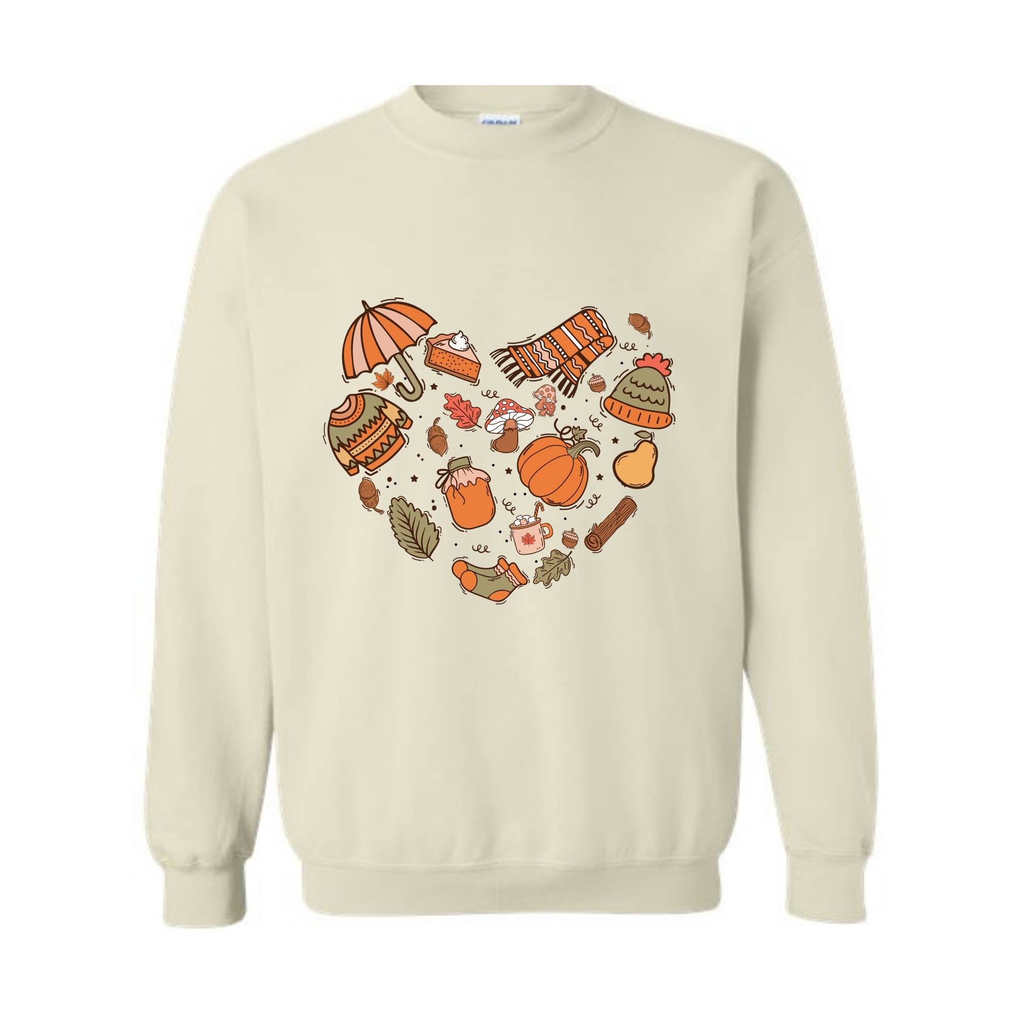 Fall Autumn Doodle Heart Sweatshirt, Pumpkin Heart Sweatshirt, Fall Lover Gift, Cute Pumpkin Sweater, Thanksgiving Sweatshirt