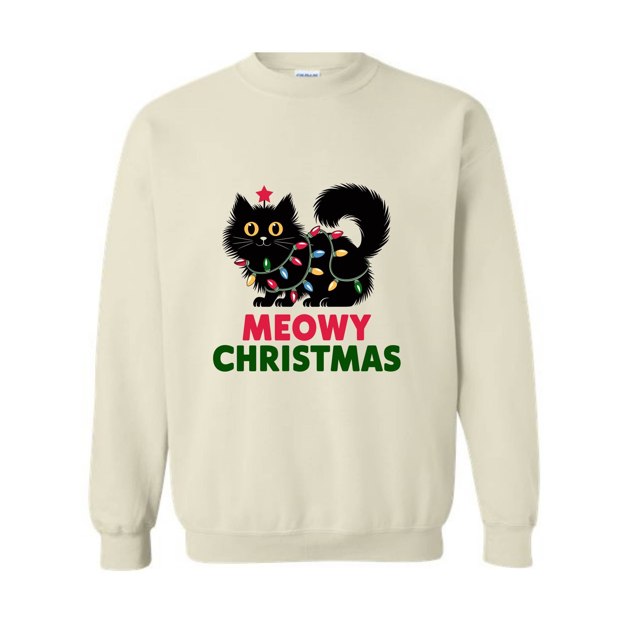 Meowy Christmas Cat Sweatshirt, Black Cat Christmas Hoodie, Cat Lover Tee, Cute Cat Hoodie, Christmas Lights Hoodie, Cat Lover Gift